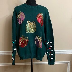 BiBi Green Sweater with Sequin Gift Accents